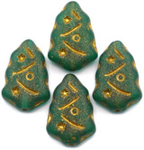 4pc 17x12mm Czech Pressed Glass Christmas Tree Beads, Emerald Green w/Gold Wash
