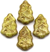 4pc 17x12mm Czech Pressed Glass Christmas Tree Beads, Alabaster w/Marbled Sage, Picasso & Gold Wash