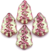 4pc 17x12mm Czech Pressed Glass Christmas Tree Beads, Transparent Peridot w/Pink Wash