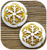 2pc 21mm Czech Pressed Glass Snowflake Cabochon (Undrilled), White w/Gold Wash