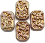 4pc 18x13mm Glass Floral Rectangle Beads, Mottled Sage & Orchid w/Antique Gold Wash