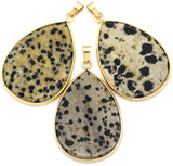 1pc Approx. 40x26mm Dalmatian Jasper & Brass Teardrop Pendant, Gold