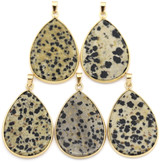 1pc Approx. 40x26mm Dalmatian Jasper & Brass Teardrop Pendant, Gold