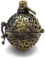 1 Set: 1pc 28x25mm Brass Hollow Round Cage Pendant w/2pc 16mm Lava Stone Balls, Antique Bronze