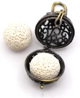 1 Set: 1pc 28x25mm Brass Hollow Round Cage Pendant w/2pc 16mm Lava Stone Balls, Antique Bronze