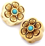 2pc 17x16mm Engraved Wood Flower Beads w/Faux Turquoise