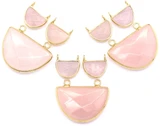 3pc Rose Quartz & Brass Pendant & Charms Set: 1pc 31x25mm & 2pc 14mm Faceted Half Moon, Gold