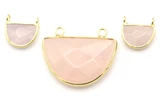3pc Rose Quartz & Brass Pendant & Charms Set: 1pc 31x25mm & 2pc 14mm Faceted Half Moon, Gold