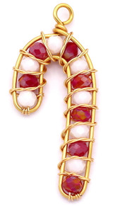 Approx. 46x21mm Crystal & Copper Wire-Wrapped Candy Cane Pendant, Gold w/Red & White