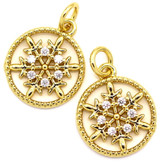 2pc 15x13mm 18k Gold-Plated Brass & Cubic Zirconia Round Snowflake Charms