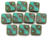 10pc 10mm Czech Table-Cut Glass Patterned Square Beads,  Turquoise Picasso
