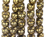 10pc 11mm Czech Pressed Glass Cat Face Beads, Jet Black/Gold Wash