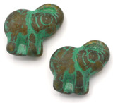 2pc 20mm Czech Pressed Glass Elephant Beads, Matte Crystal/Bronze Matte/Green Wash