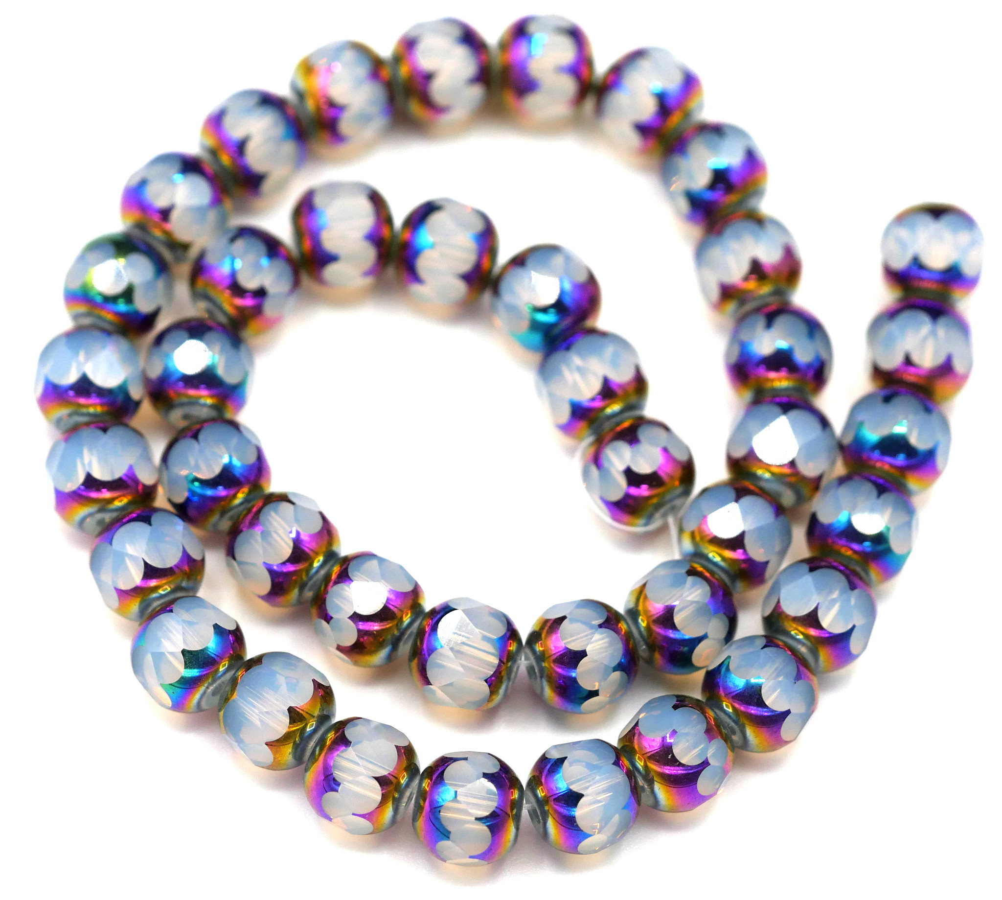 Approx. 12 Strand 8mm Glass Faceted Window Beads, White Opal/Rainbow Iris