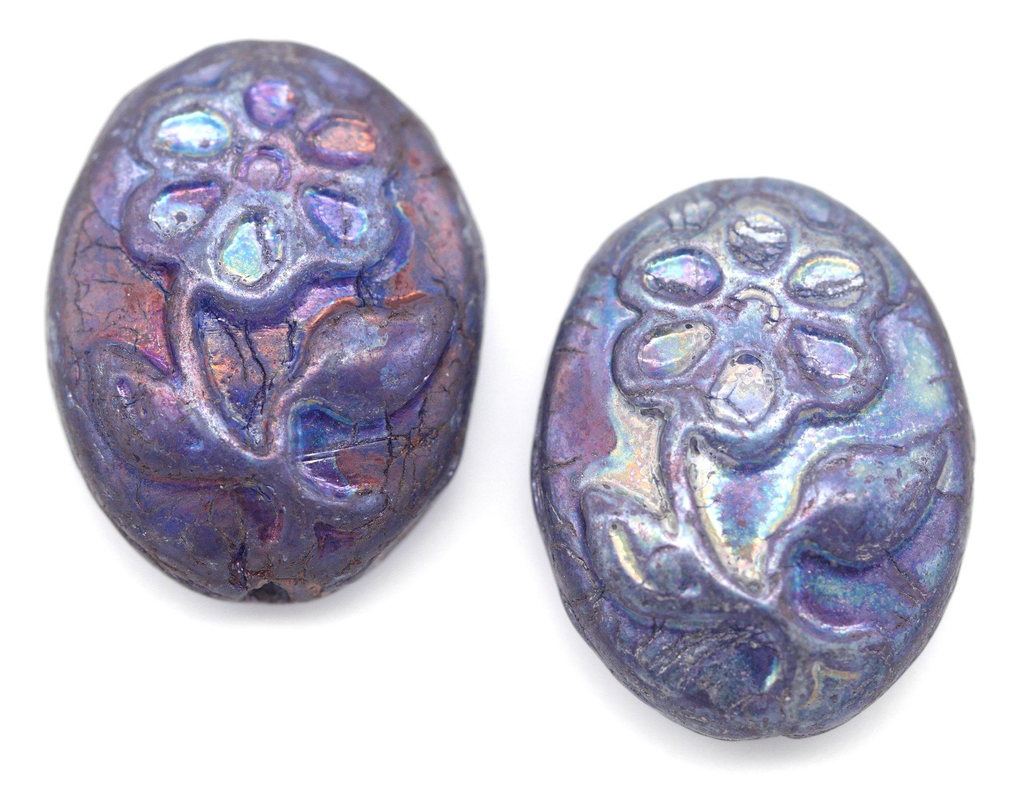 2pc 21x16mm Czech Pressed Glass Flower Oval Bead, Sapphire Nebula