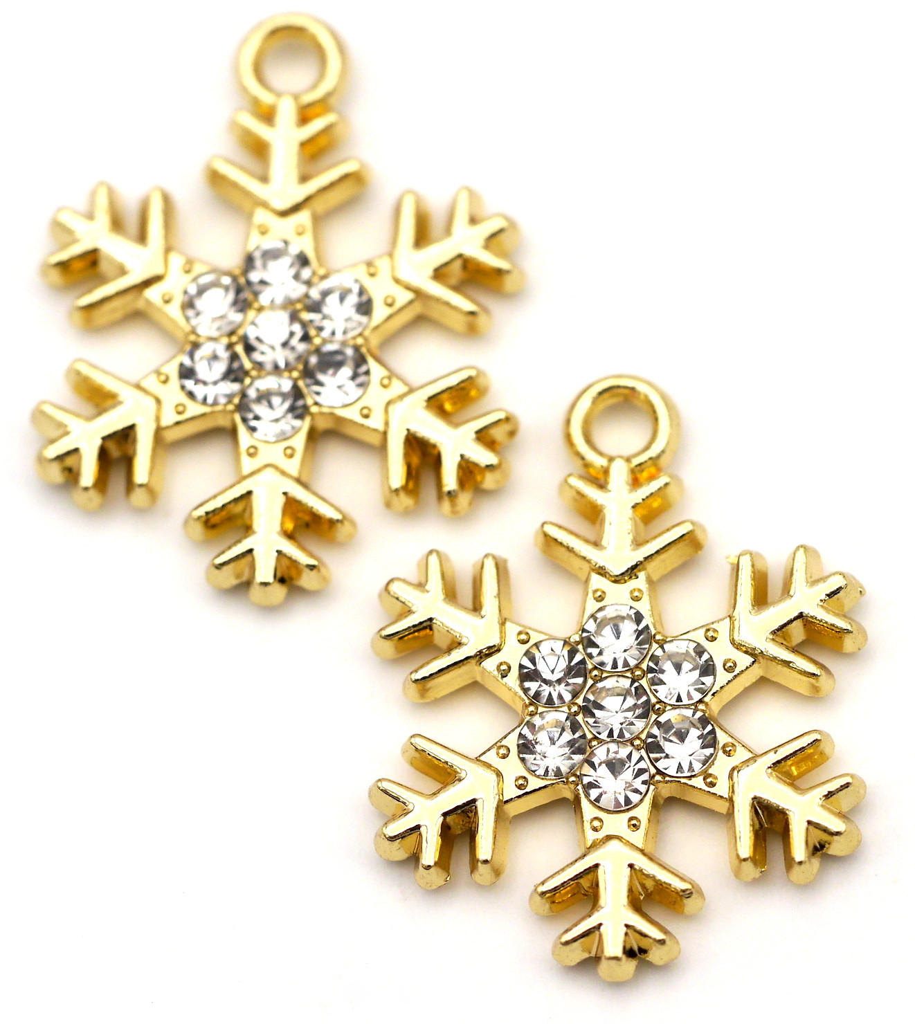 2pc 22x17mm Snowflake Pendants w/Rhinestones, Gold - Bead Box Bargains
