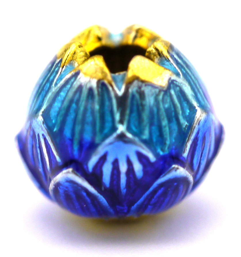 8x9mm Brass & Enamel CloisonnéStyle Lotus Flower Bead, Gold/Sapphire
