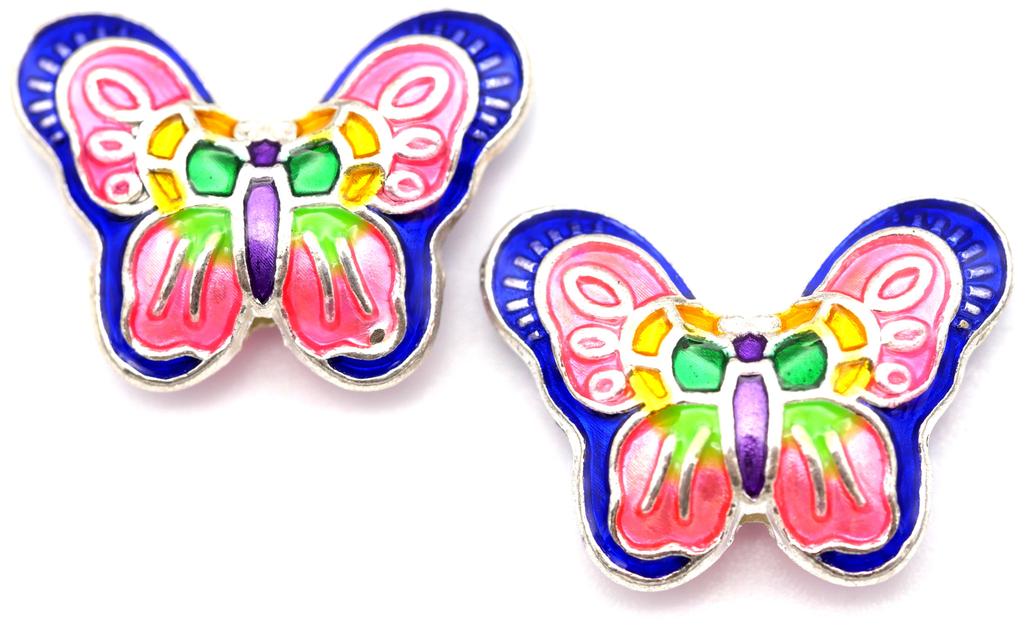 2pc 16x23mm Pewter & Enamel CloisonnéStyle Butterfly Bead, Silver/Blue