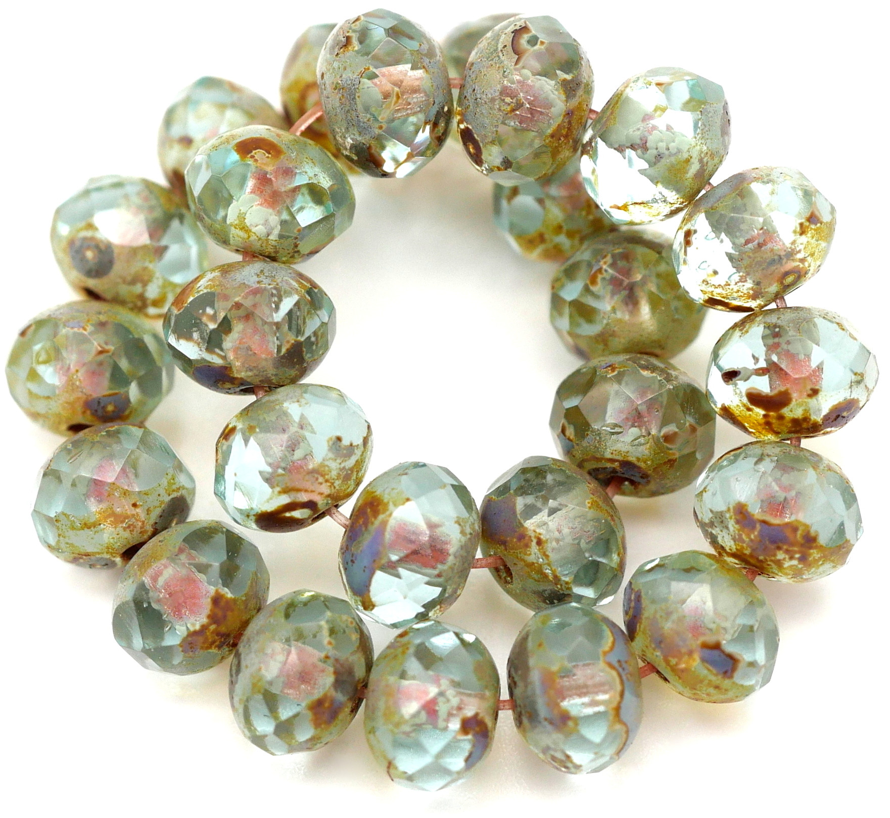 25pc 5x7mm Czech FirePolished Glass Rondelle Beads, Pale Aqua/Picasso