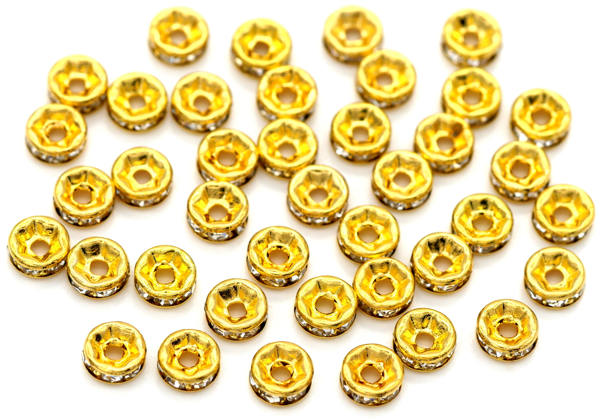40pc 6x3mm Brass Rhinestone Rondelle Spacer Beads, Gold/Crystal - Bead ...