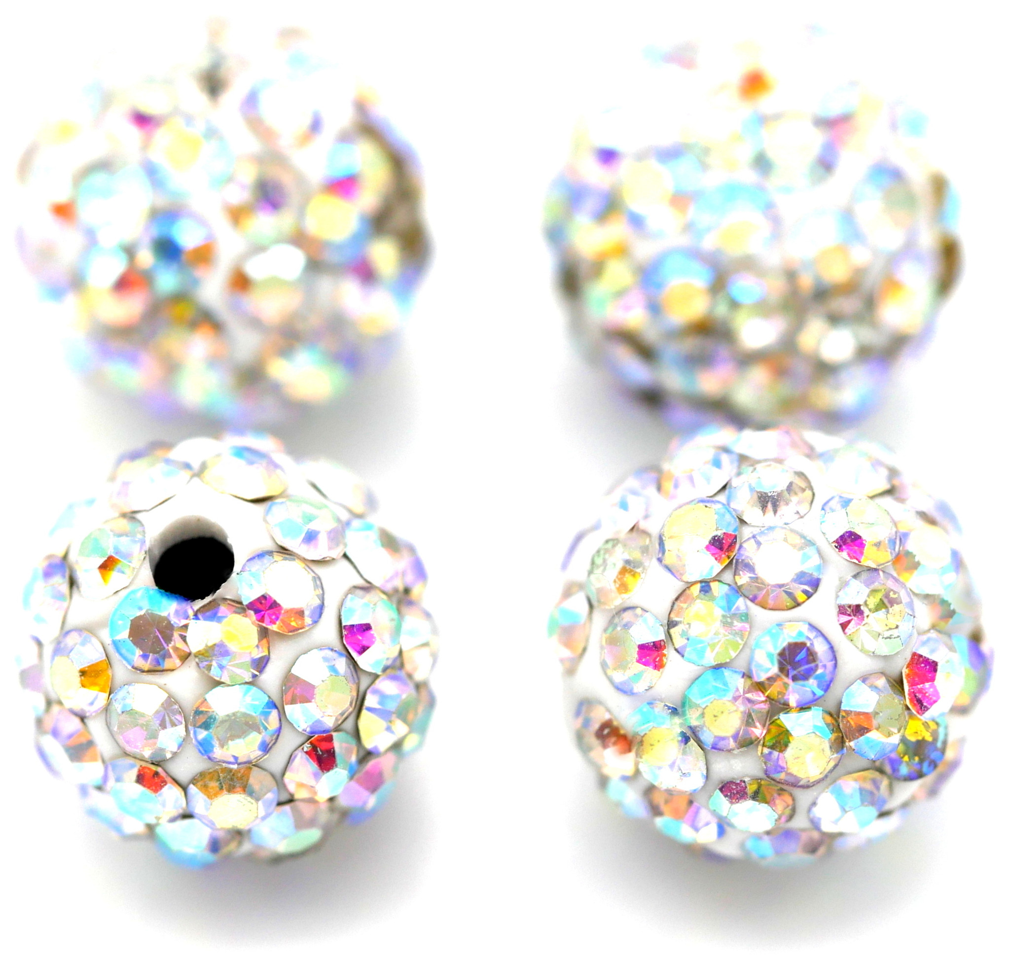 4pc 10mm Rhinestone Round Beads, White/Crystal AB - Bead Box Bargains