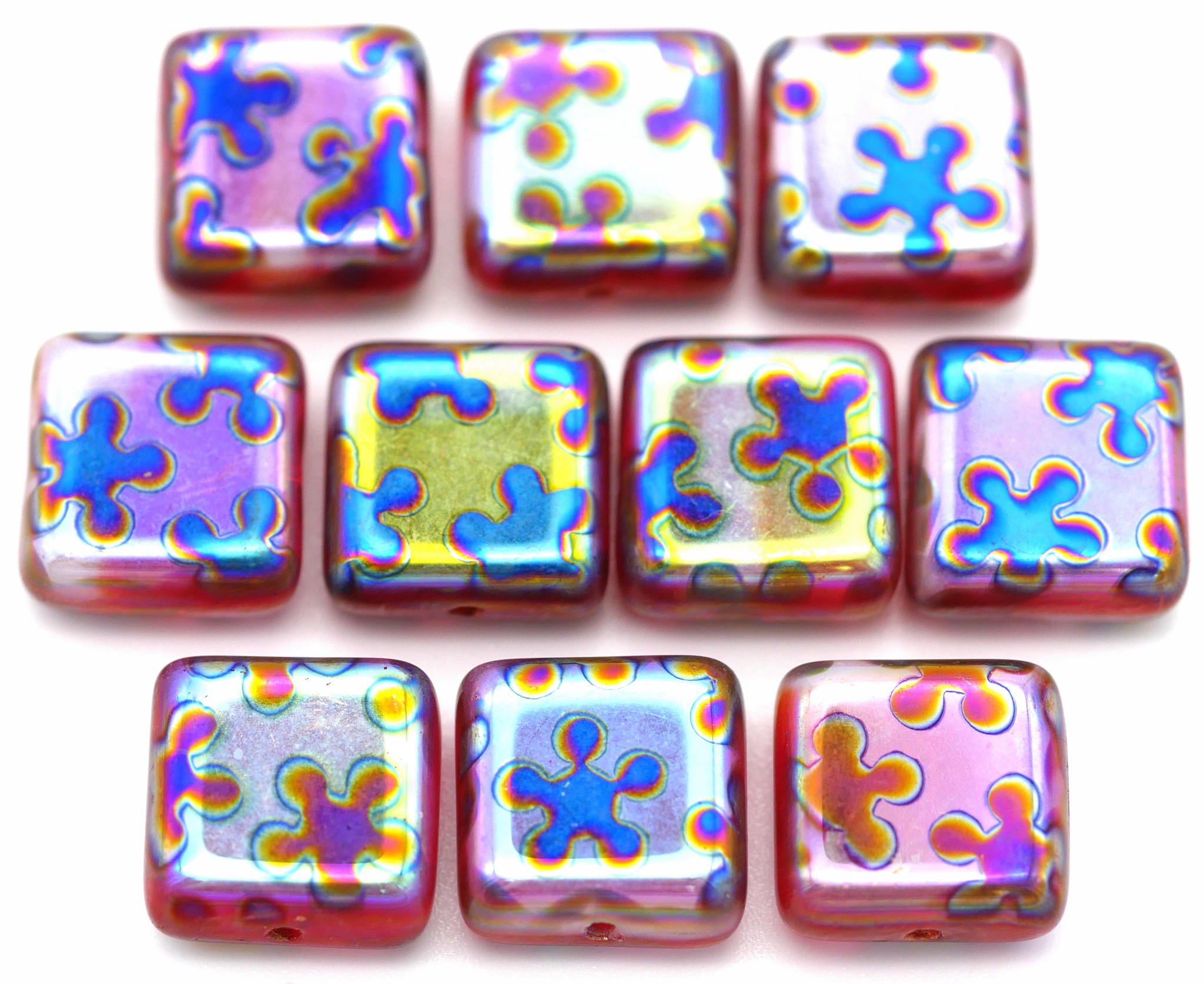 10pc 11mm Czech Pressed Glass Bead Peacock Square Beads, Cherry/White