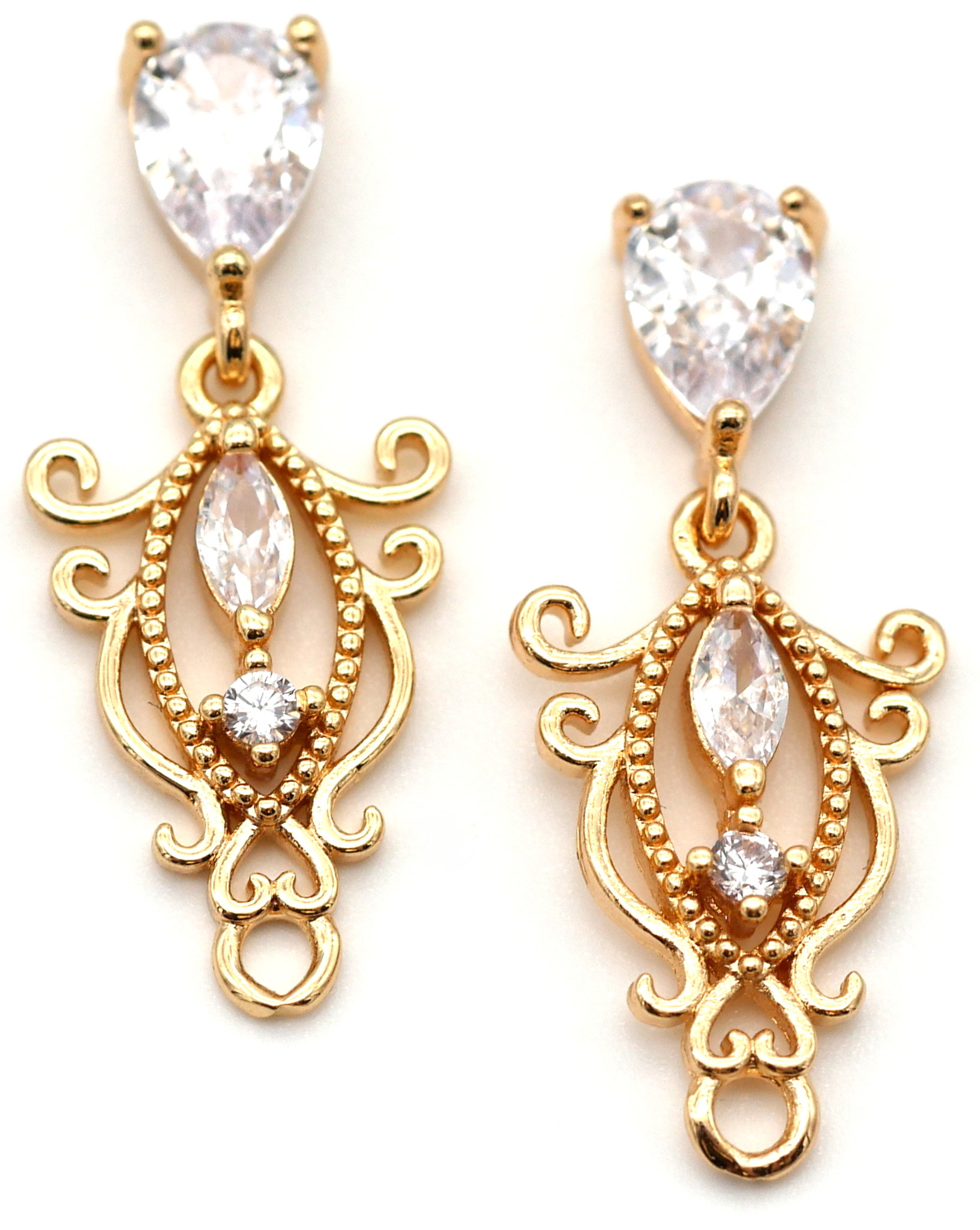 2pc 27x11mm Brass & Cubic Zirconia Fancy Drops, Crystal/Gold Bead Box