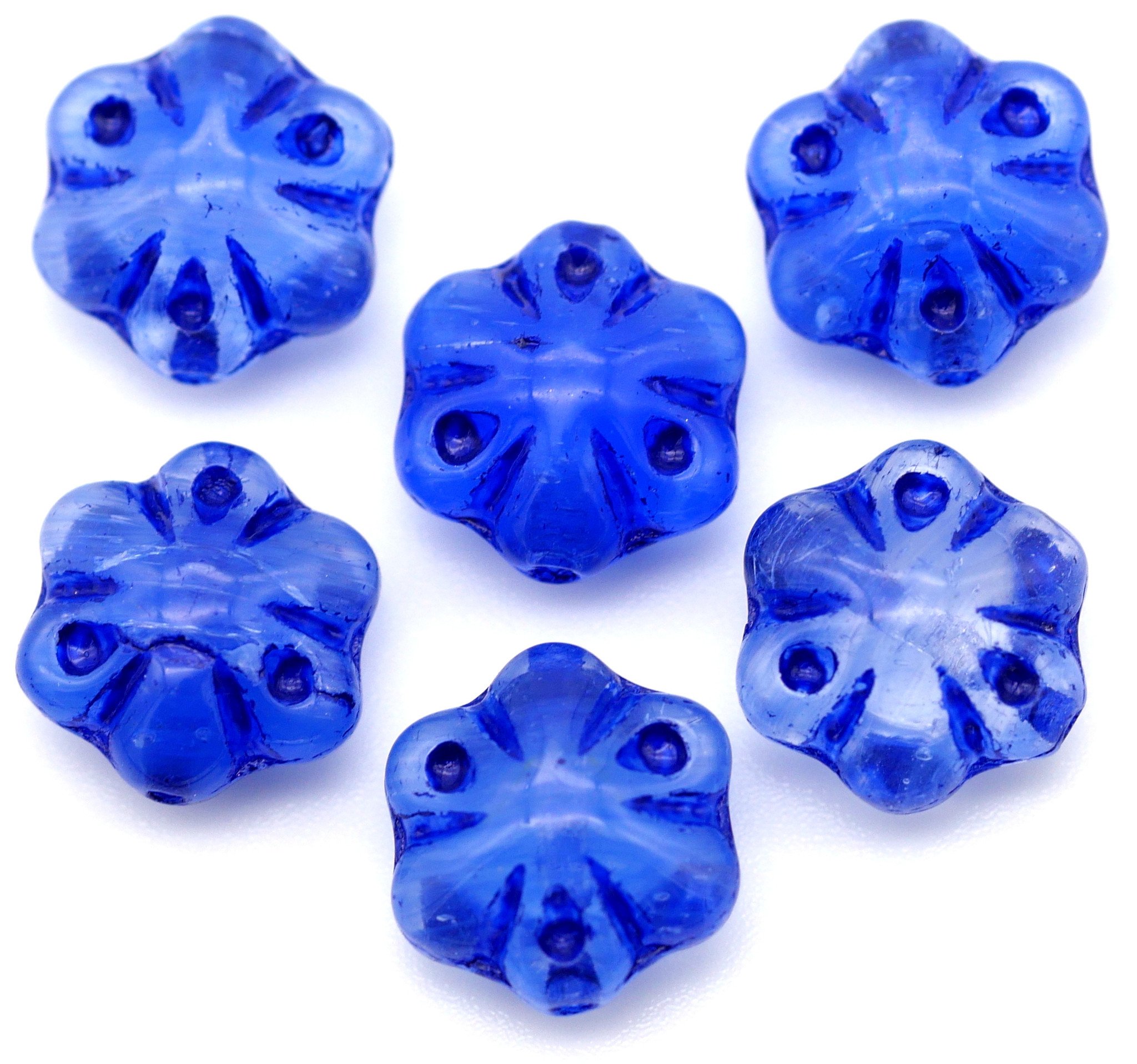 6pc 11mm Czech Pressed Glass Rustic Flower Beads, CrystalRoyal Blue