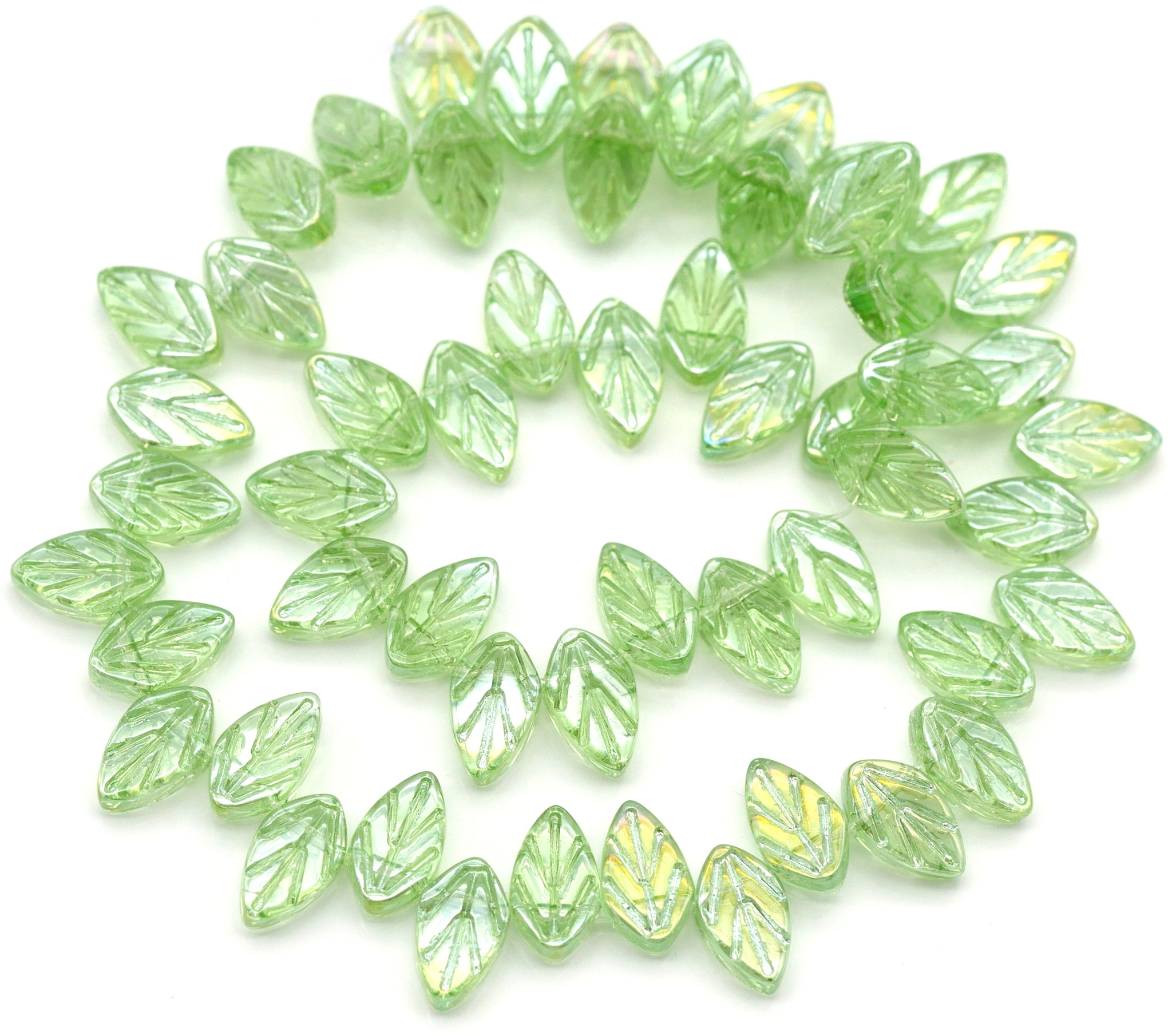 Approx. 13 Strand 7x11mm Pressed Glass Leaf Beads, Peridot AB