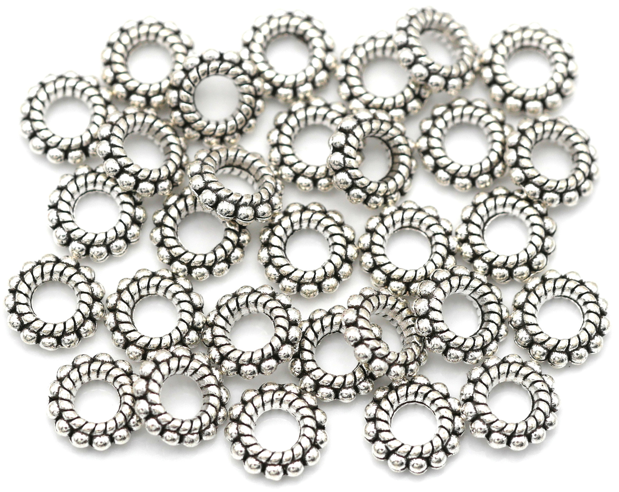 30pc 8x2mm Dotted Rondelle Large-Hole Spacer Beads, Antique Silver