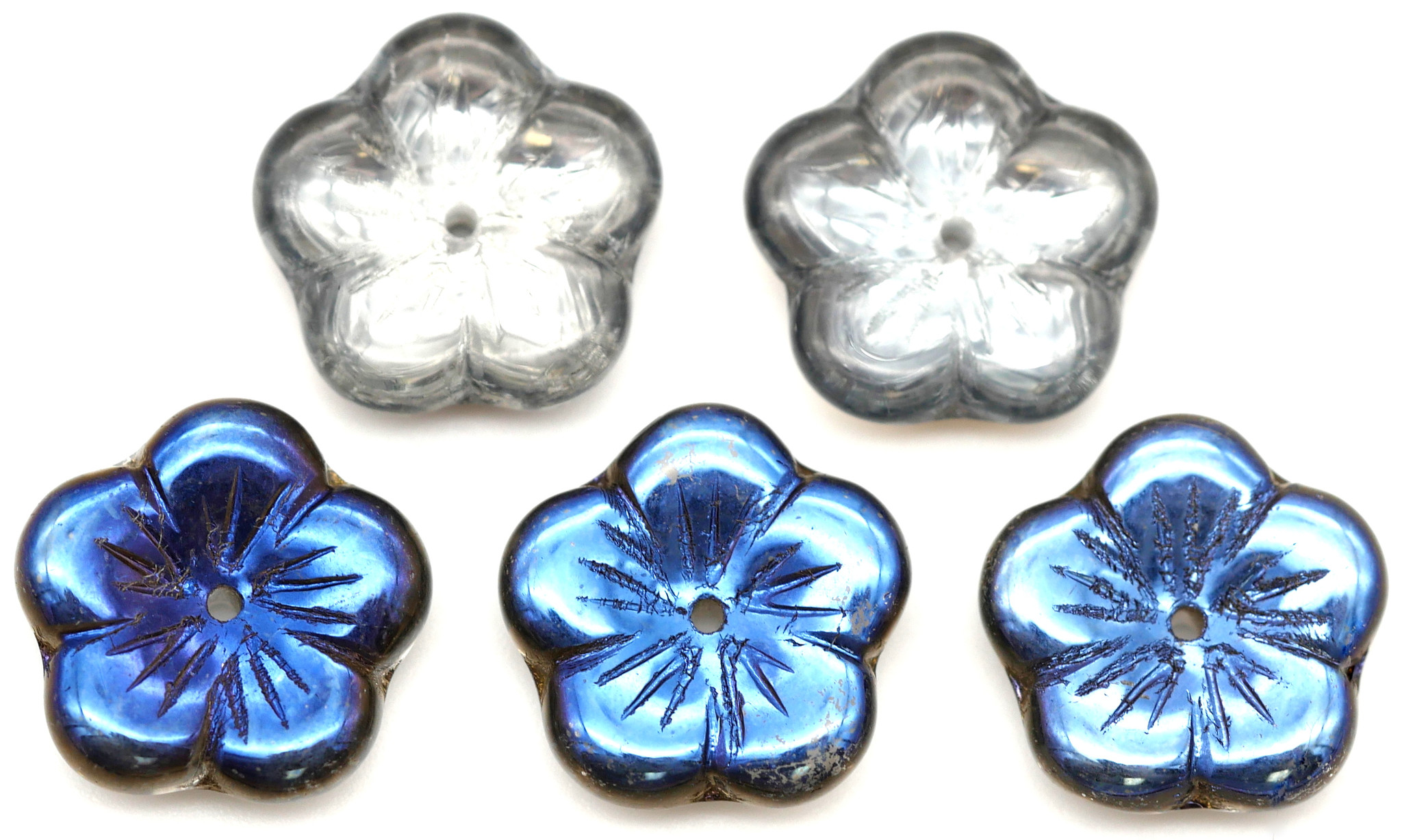 5pc 14mm Czech Pressed Glass 5-Petal Flower Beads, Crystal Azure  (Silver/Blue) - Bead Box Bargains