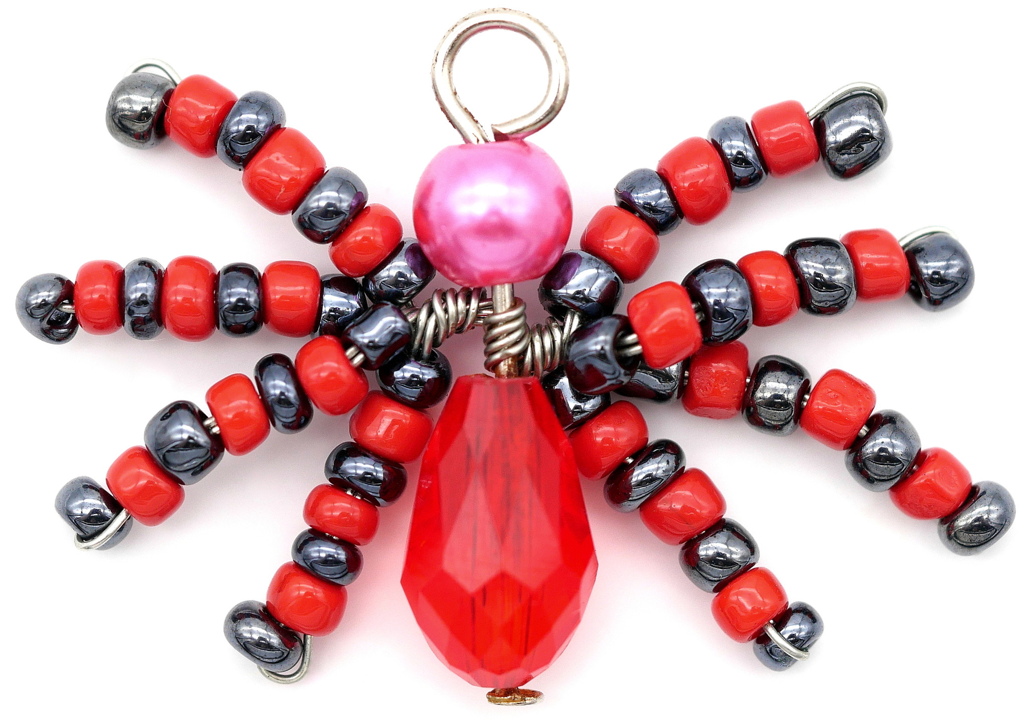 Approx. 35mm Wire-Wrapped Glass & Crystal Spider Pendant, Red