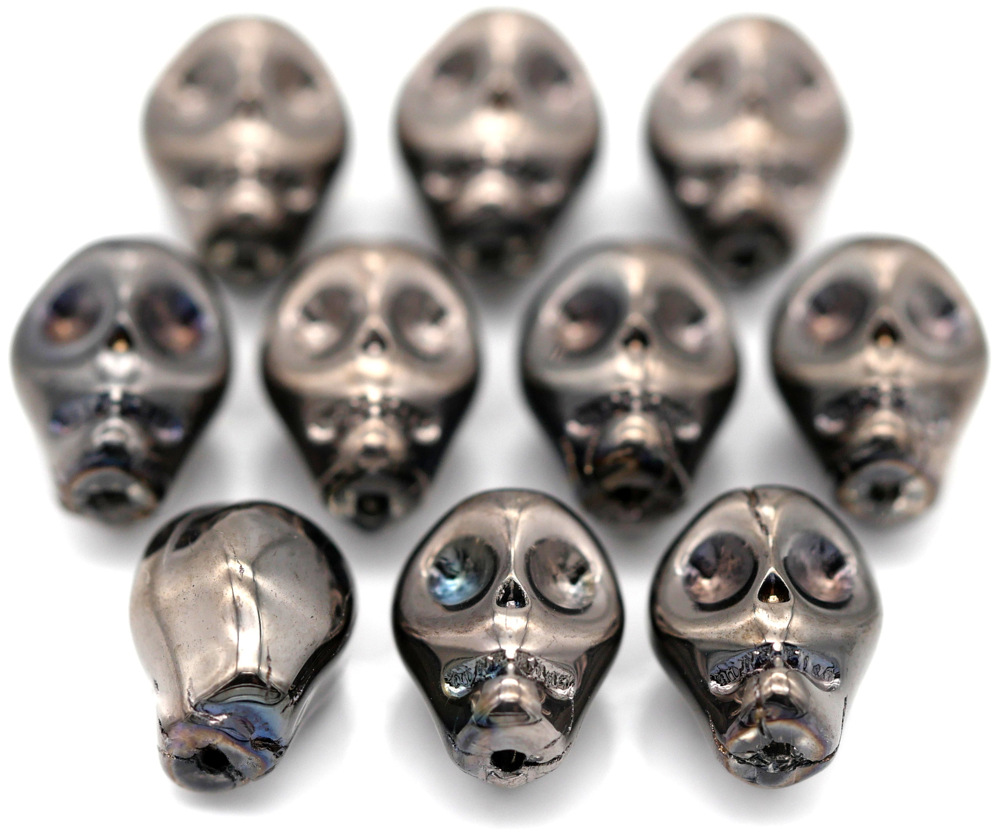 10pc 10x8mm Glass Skull Beads, Metallic Dark Bronze