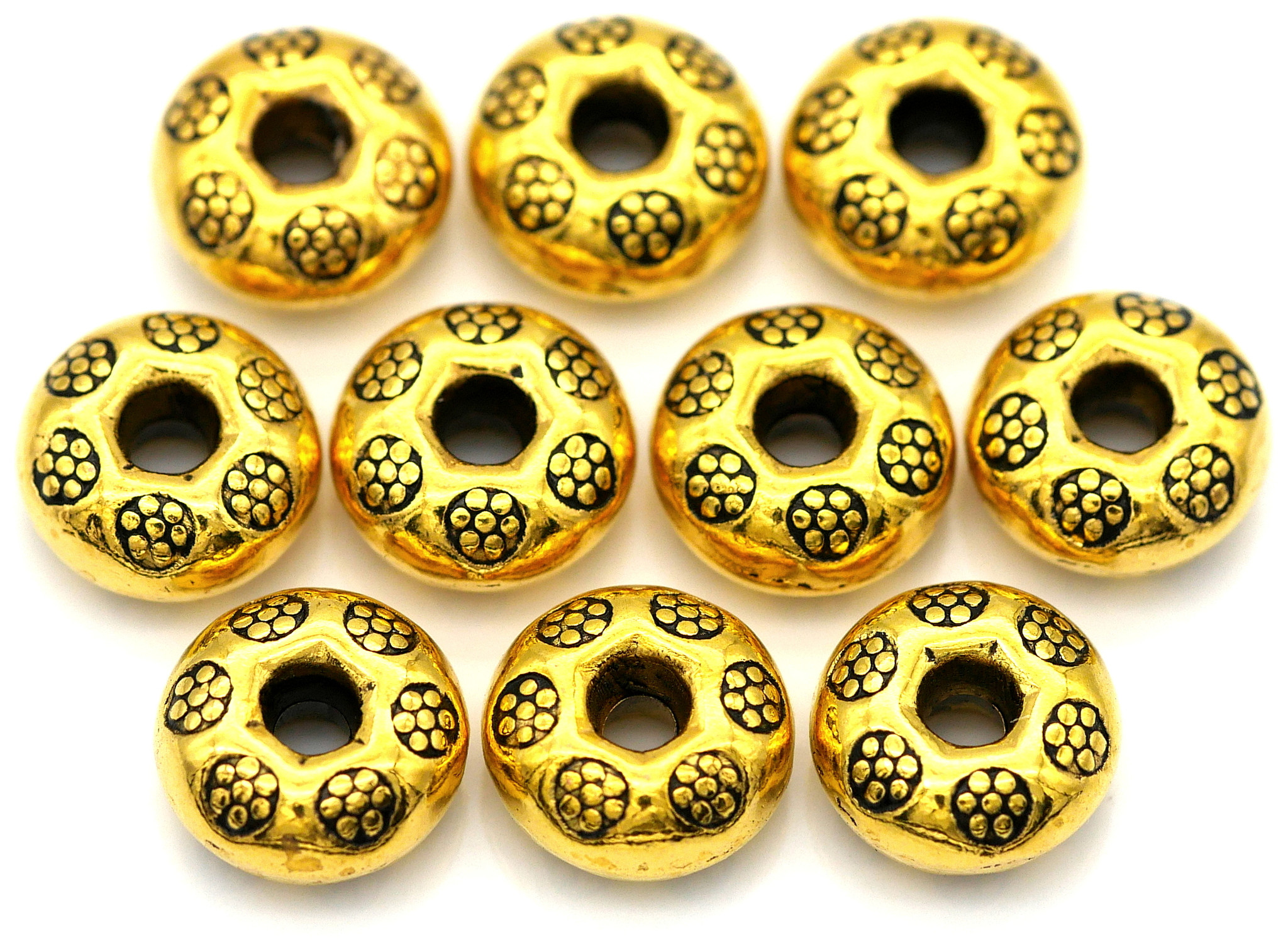 10pc 9.5x5mm Flower-Pattered Rondelle Spacer Beads, Antique Gold