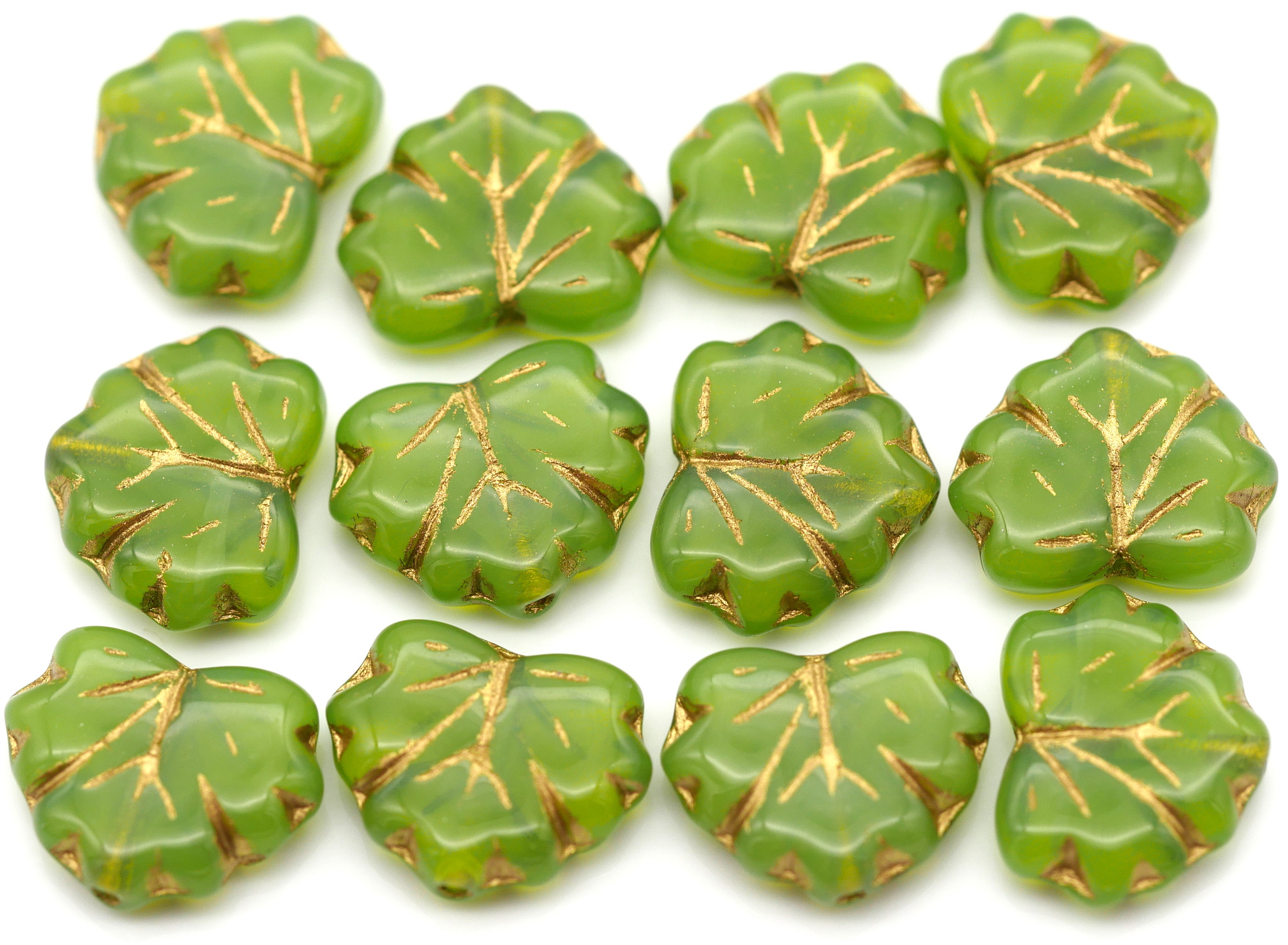 12pc 13x11mm Czech Pressed Glass Maple Leaf Beads, Peridot Opal