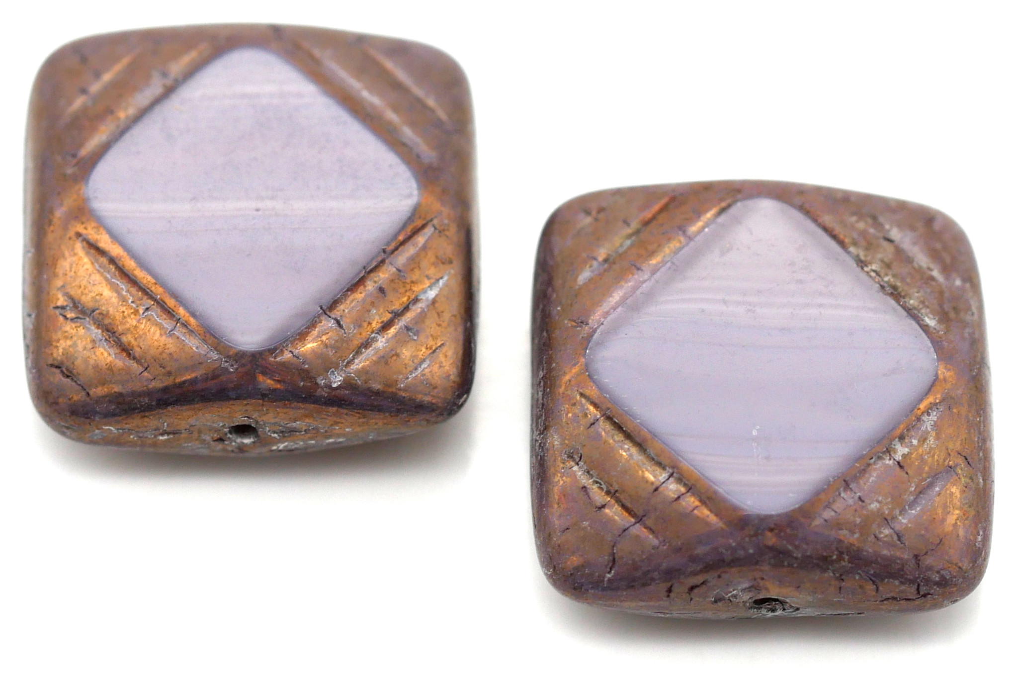 2pc 15mm Czech Table-Cut Square Vintage-Style Window Beads, Violet Silk  w/Bronze Wash - Bead Box Bargains