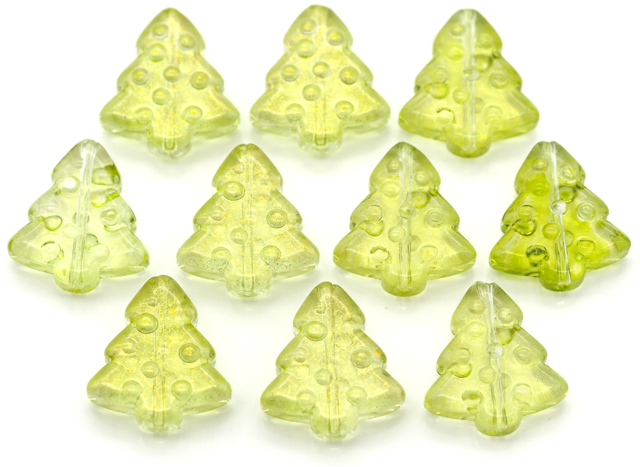 10pc 1516mm Glass Christmas Tree Beads, Transparent Light Olive w/Gold