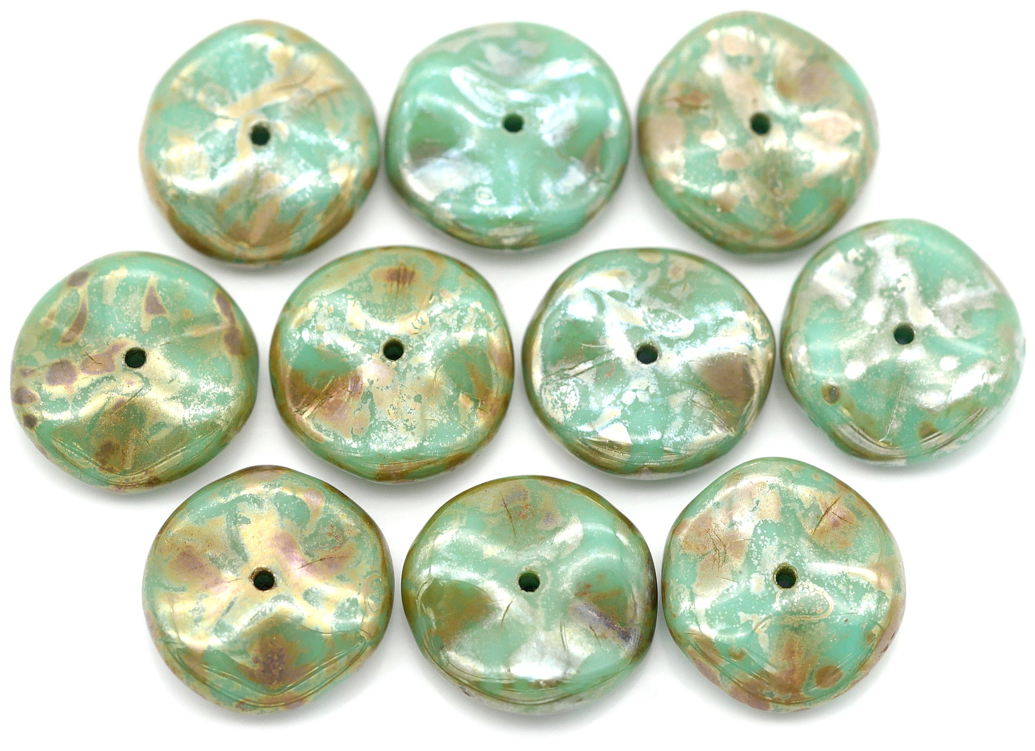 10pc 12mm Czech Pressed Glass Ripple Beads, Opaque Turquoise Travertine ...