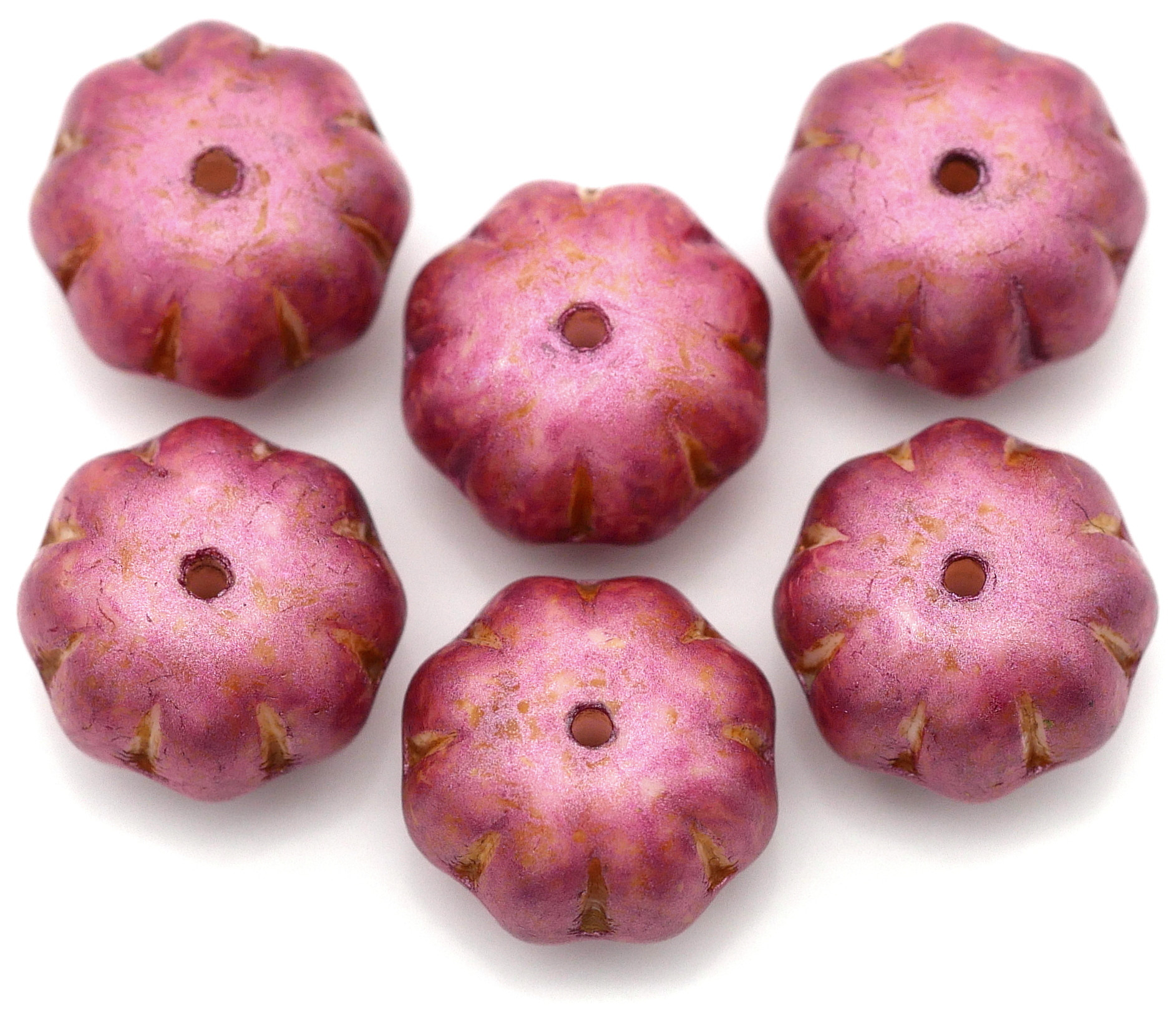 6pc 11x8mm Czech Pressed Glass Fluted Pumpkin Beads, Alabaster w