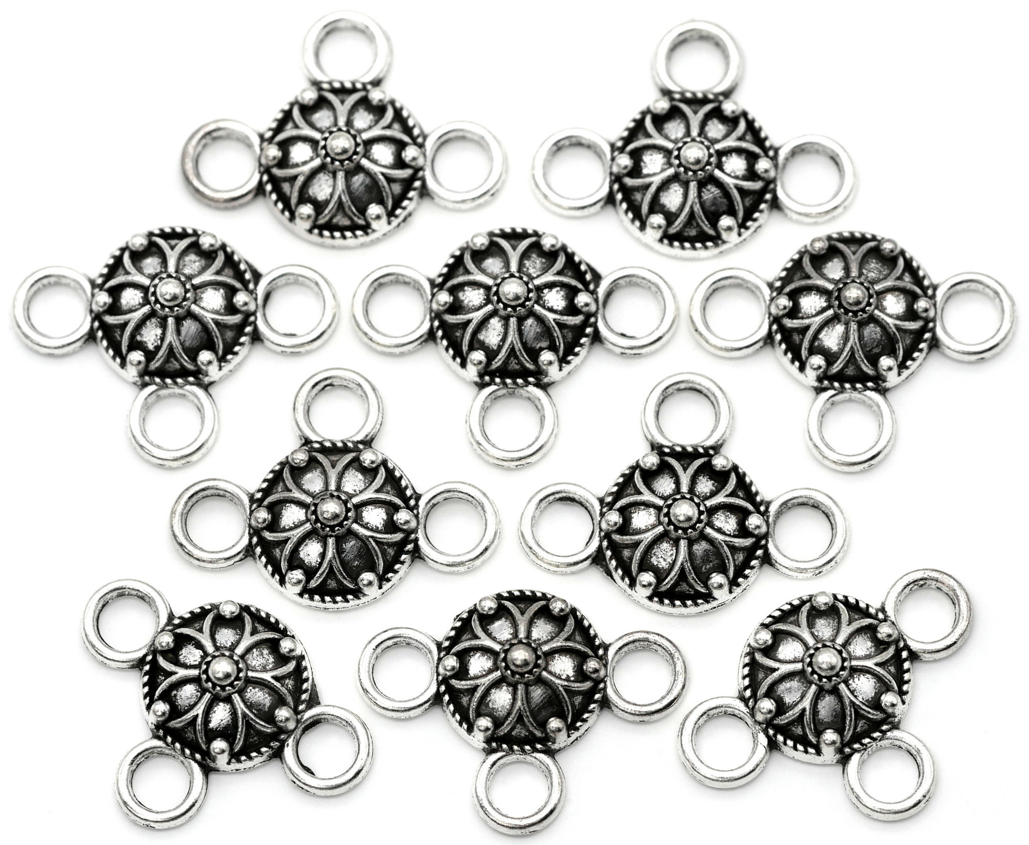 10pc 24x18mm Round Floral 3-Loop Links, Antique Silver - Bead Box