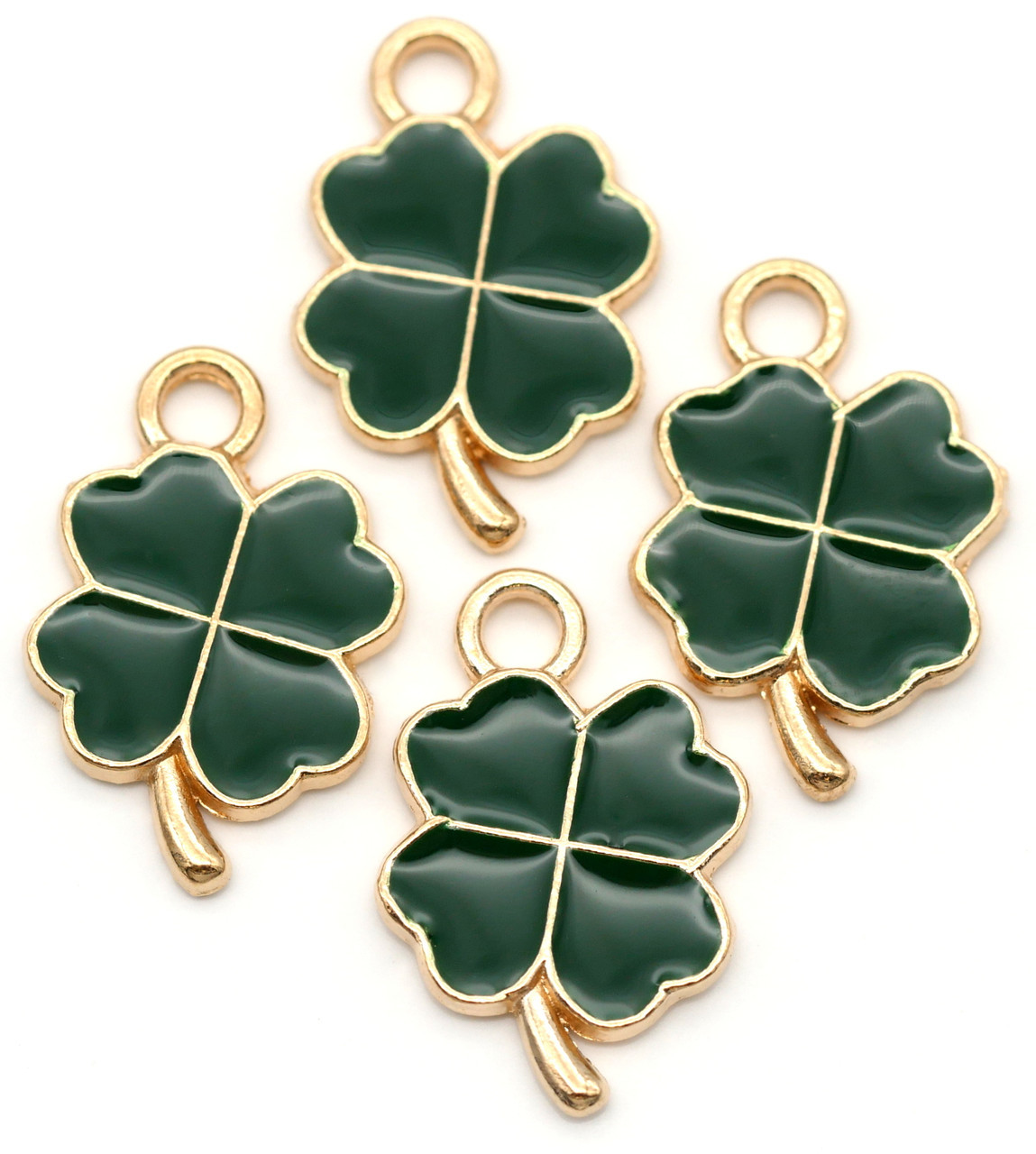 4pc 17x12mm Enameled 4-Leaf Clover Shamrock Charms, Gold/Dark