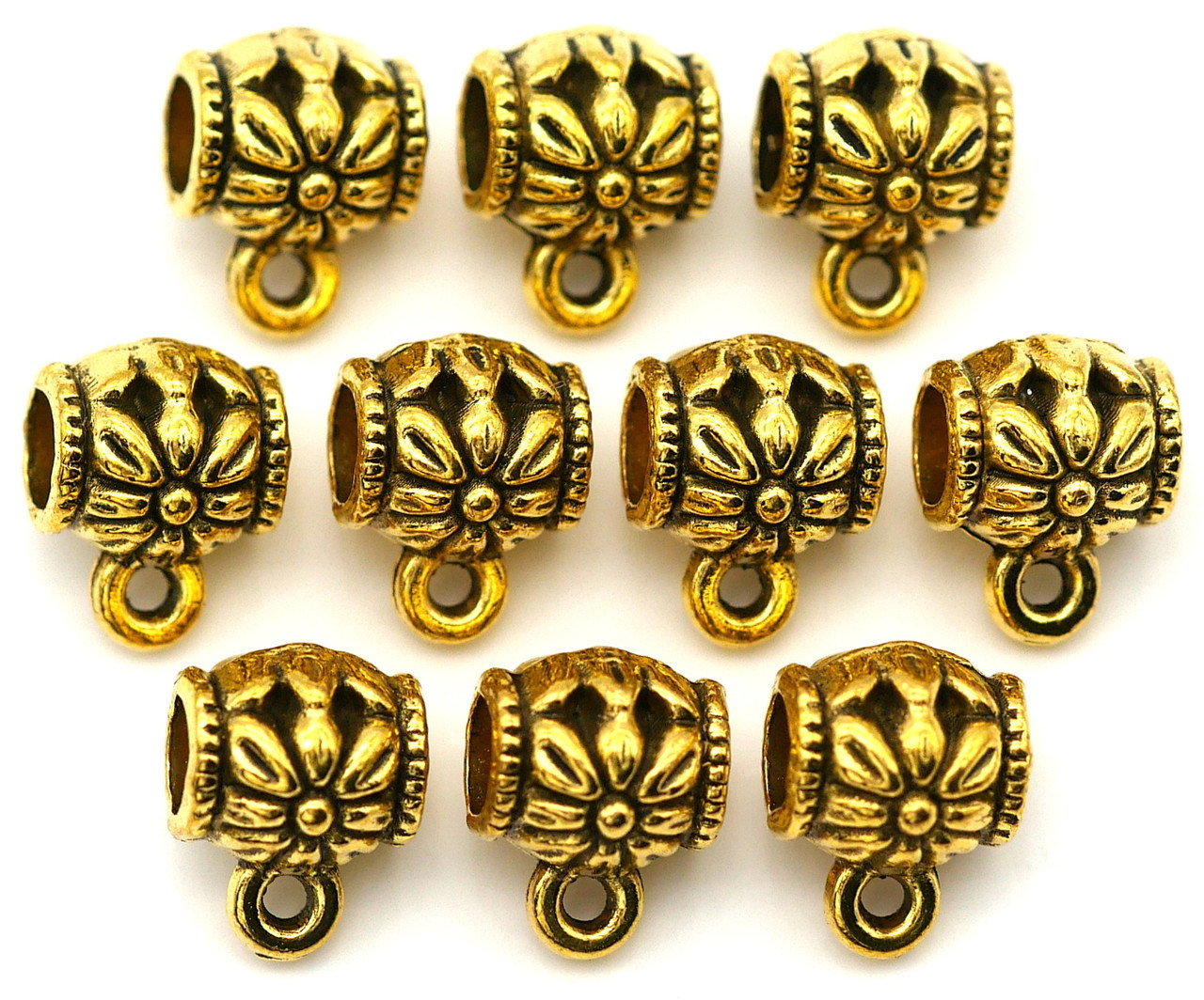 10pc 10x8mm Filigree Flower Tube Bail Beads, Antique Gold - Bead Box ...