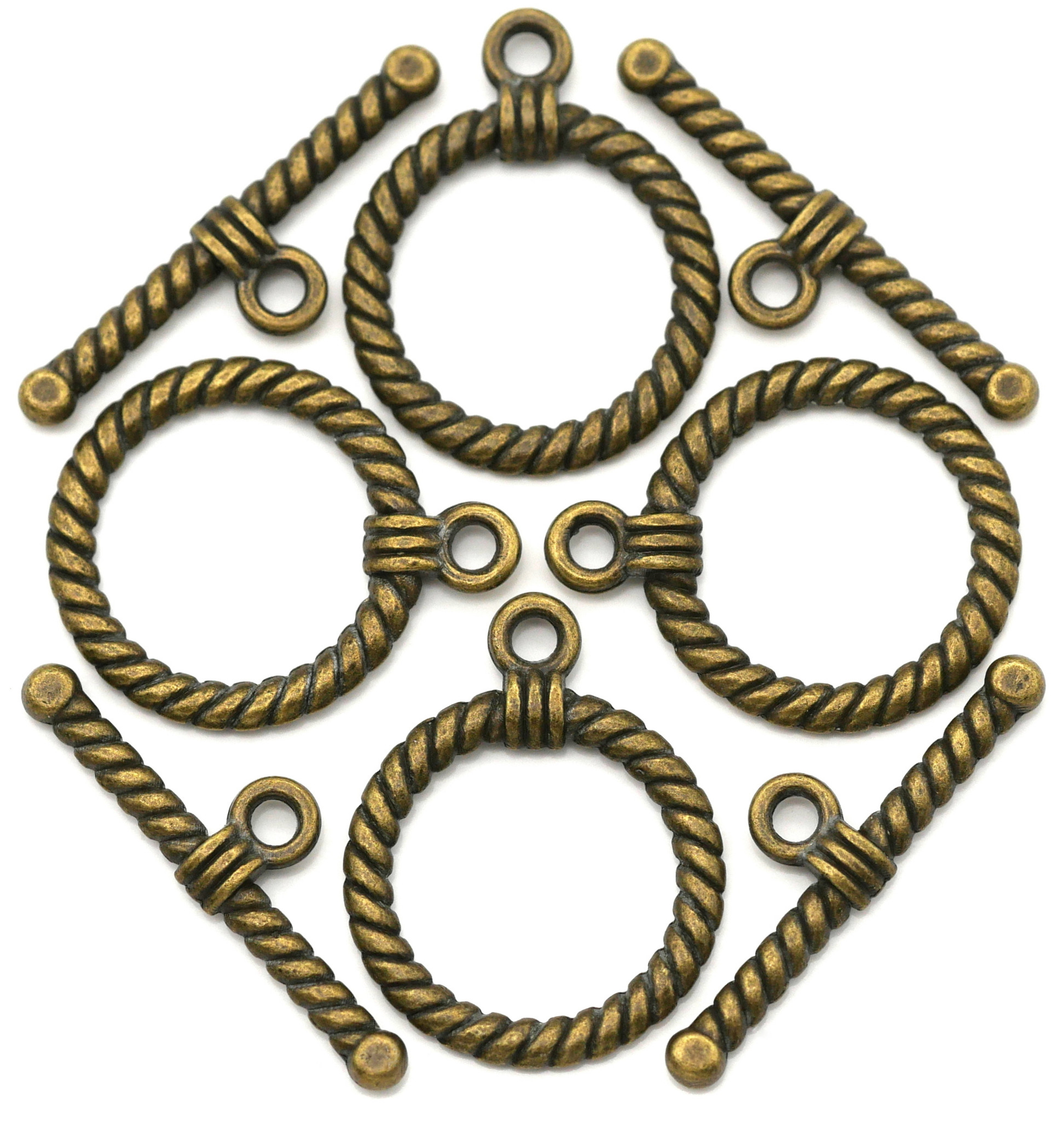 4 Sets 22x18mm (Bar: 25mm Long) Rope-Accent Toggle Clasps, Antique