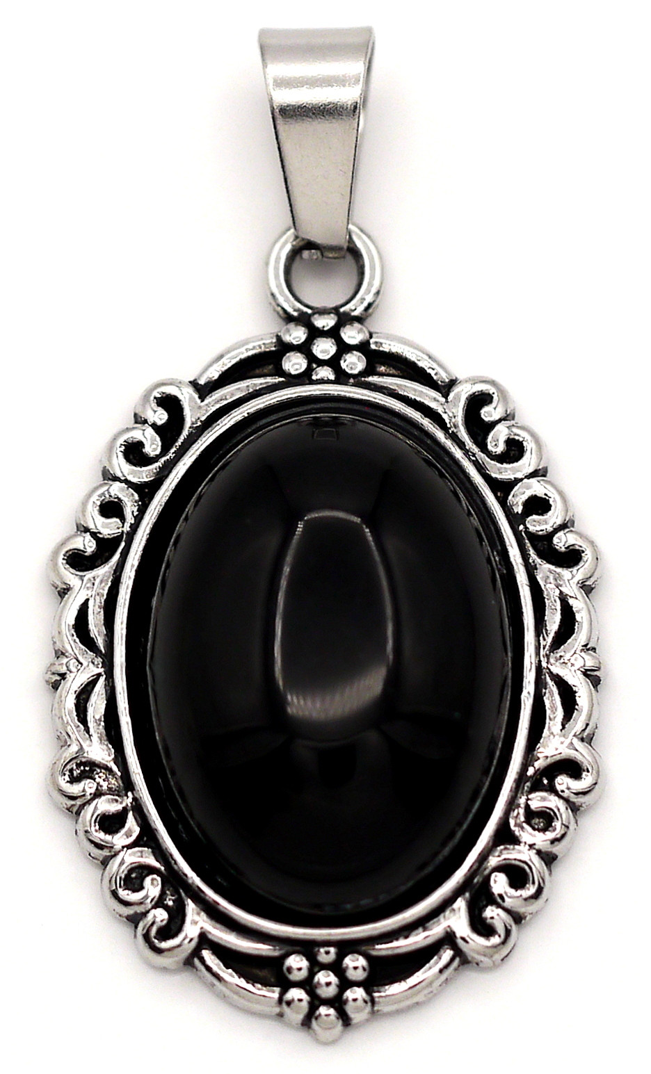 Ancient　ブラックメタル　BLACKL 29x20mm Black Obsidian Oval Pendant w/Filigree Frame, Antique