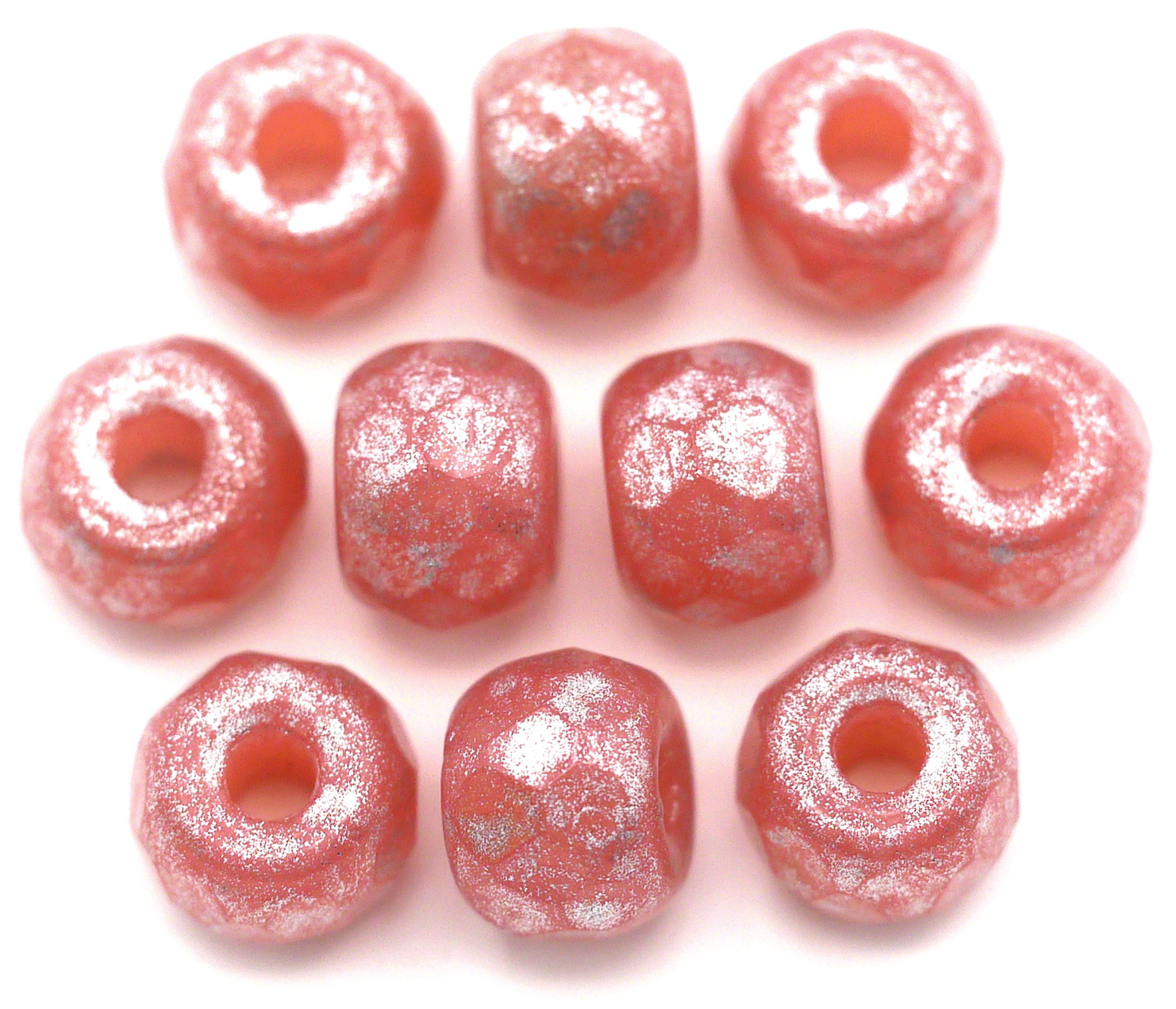10pc 6x8mm Czech Pressed Glass Pony Beads, Rosaline Opal w/Silver