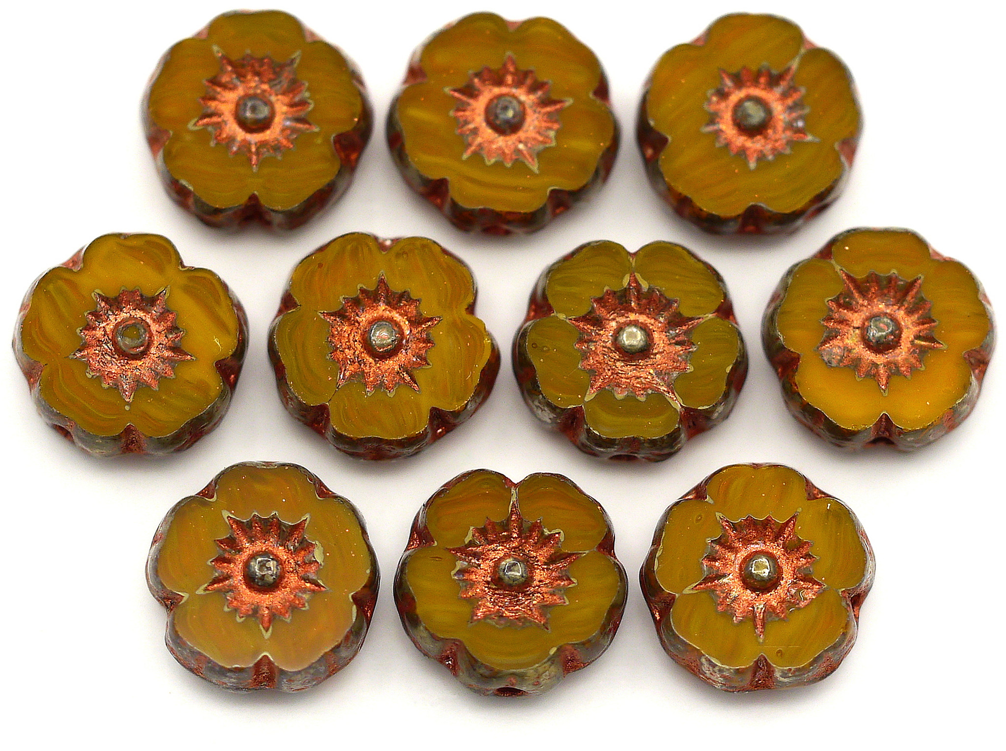 10pc 8mm Czech Table-Cut Glass Hawaiian Flower Beads, Burnt Orange