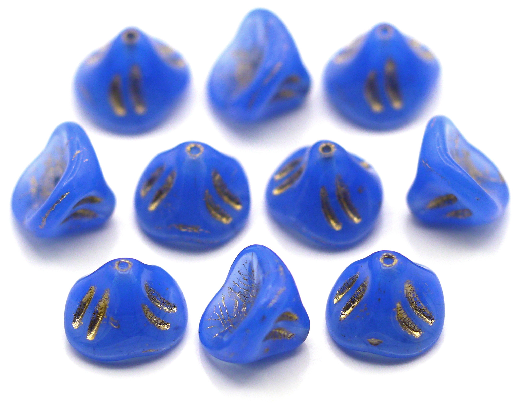 10pc Czech Pressed Glass 10x8mm Daylily Flower Beads, Blue Opal w