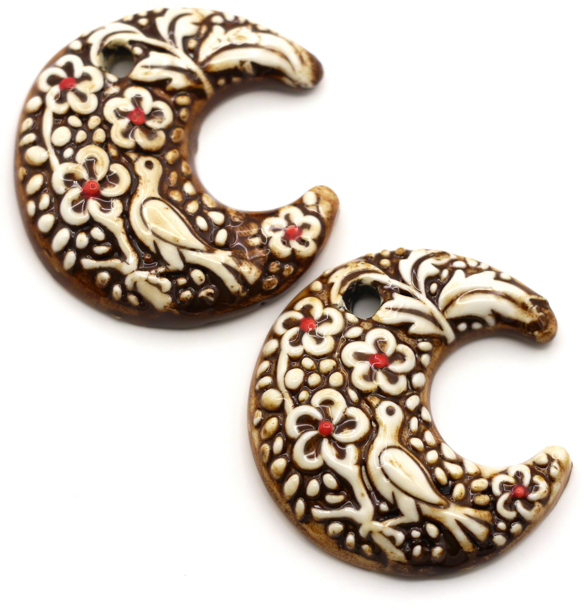 52x50mm Glazed Porcelain Crescent Moon w/Bird & Flowers Pendant