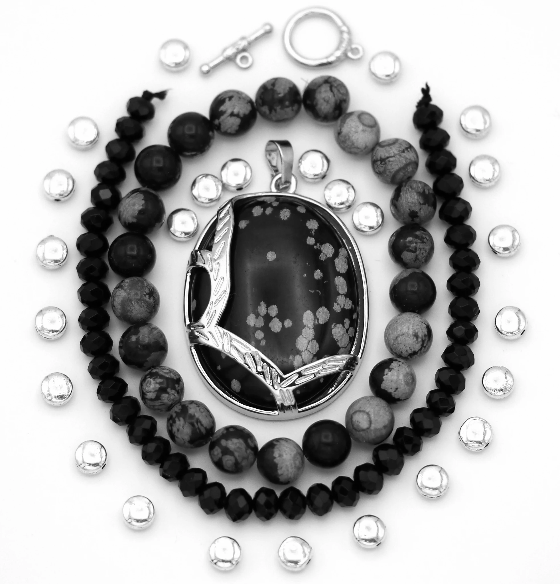 Snowflake Obsidian Mini Bundle: 33x42mm Oval Pendant, 8mm Round