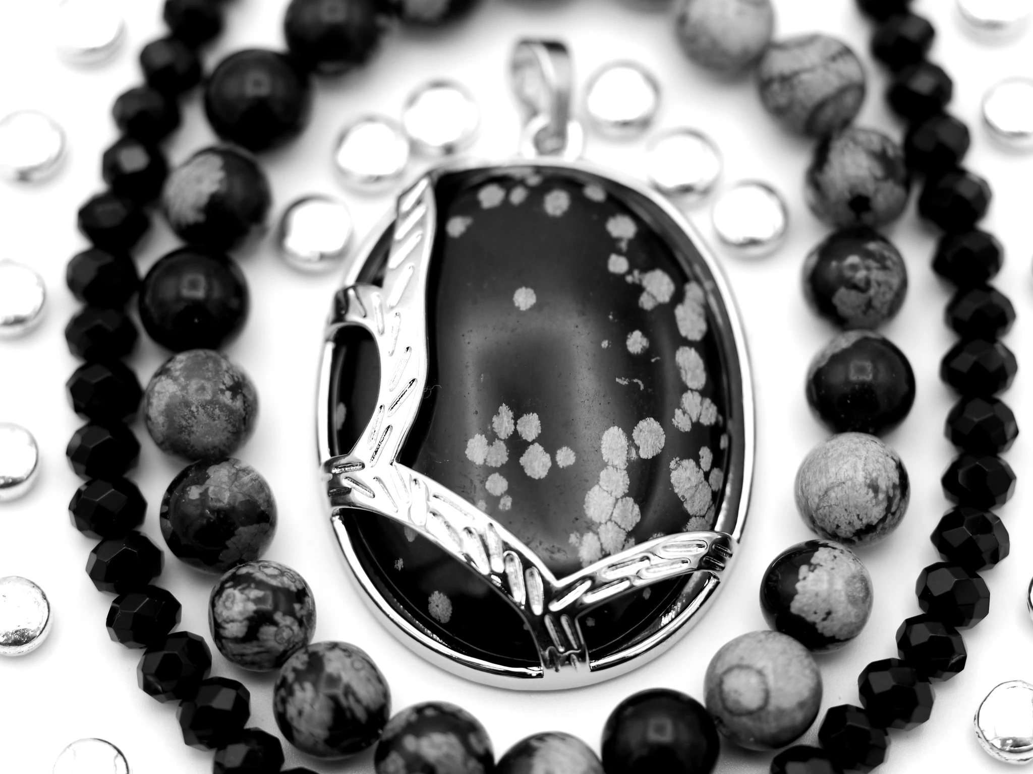 Snowflake Obsidian Mini Bundle: 33x42mm Oval Pendant, 8mm Round